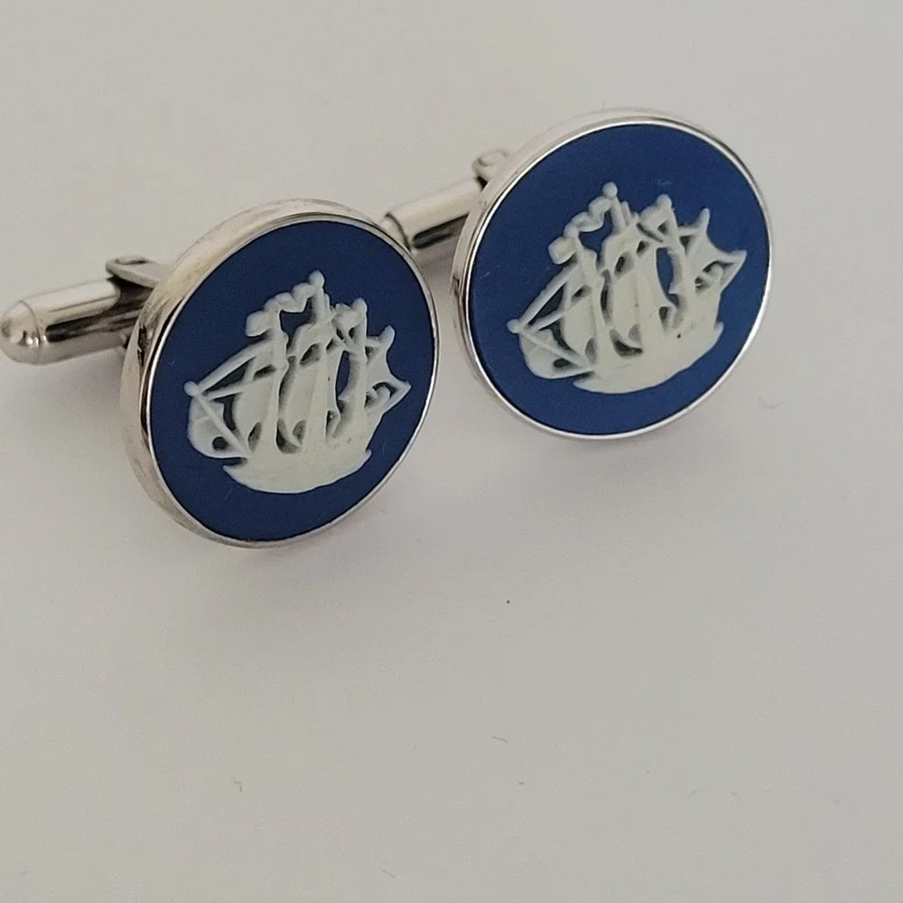 Wedgwood Blue Jasperware Sailing Ship Cufflinks Vintage Silver Tone England